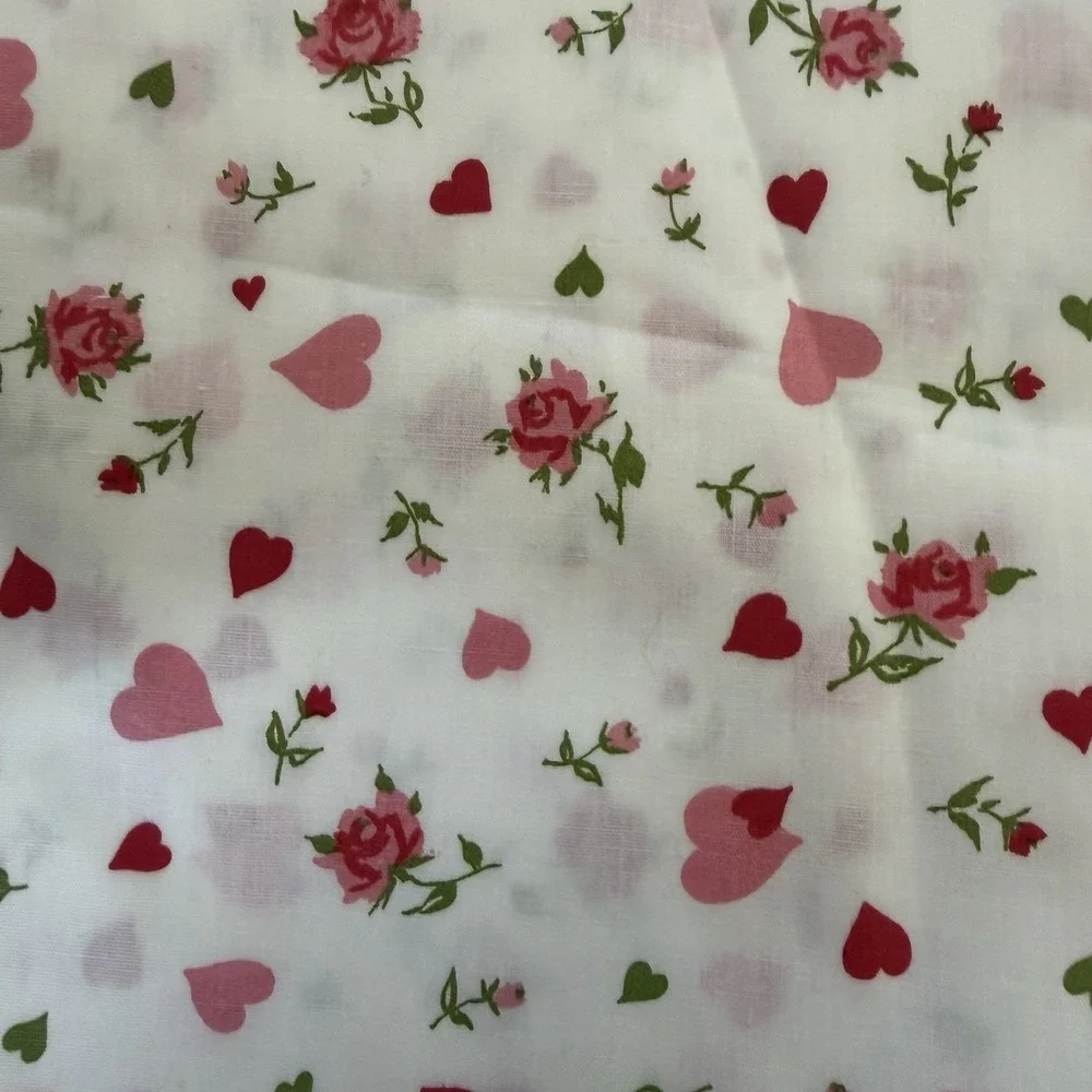 Vintage Fabric 2 + yards white pink hearts red roses Cottage Core Coquette Girly